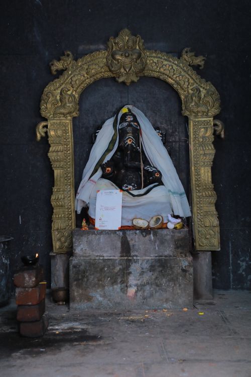 Free Intricate deity statue adorned with a veil in a dimly lit temple environment. Stock Photo