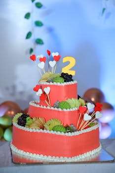 Colorful two-tier birthday cake adorned with fruits and heart decorations.