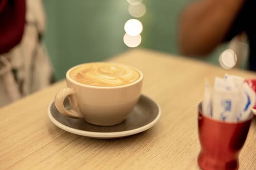A beautifully crafted latte on a wooden table with soft bokeh lights in the background.