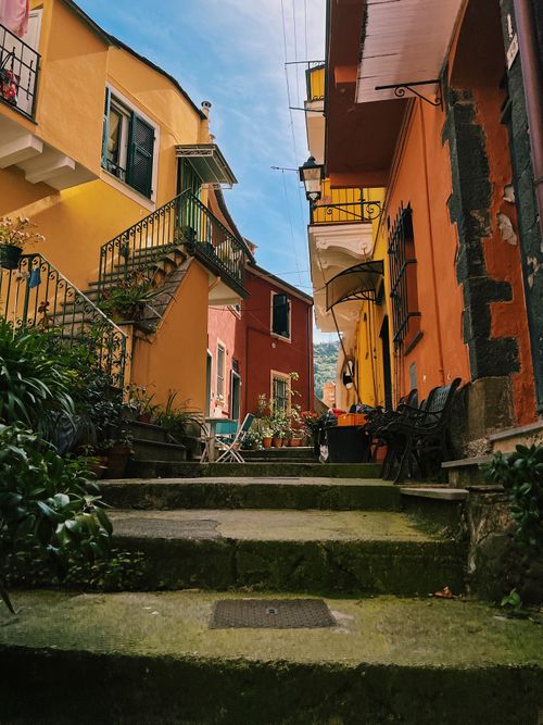 Free Vibrant alleyway stairs in Cinque Terre, showcasing charming Italian architecture. Stock Photo