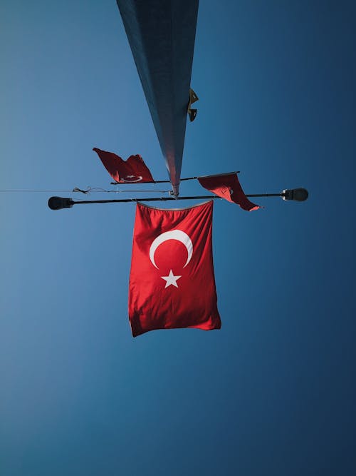 Turkish Flag on Mast against Blue Sky