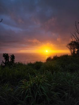 Breathtaking sunset view over Varkala, India, with lush foliage and tranquil sea.
