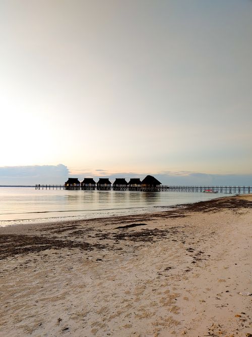 Free Peaceful beach view with huts on stilts during sunset in Michamvi Kae, Tanzania. Stock Photo