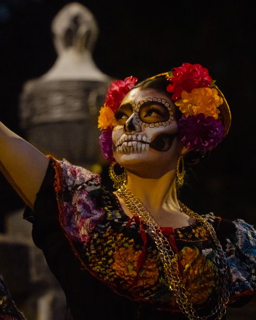 Free Vibrant portrait of a woman in traditional Día de Muertos attire with Catrina makeup, showcasing cultural heritage. Stock Photo