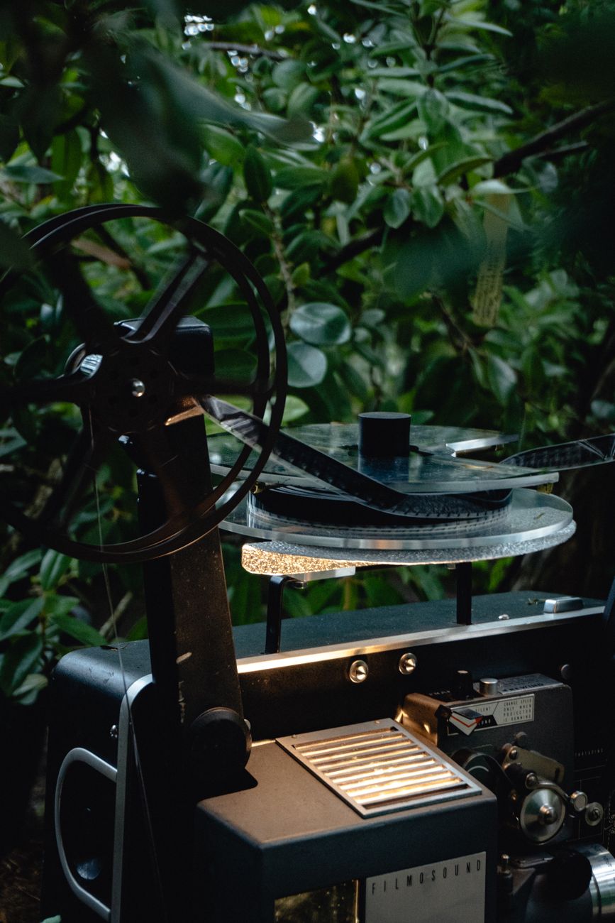 A vintage projector, the kind of machinery that turns memory into a room full of light