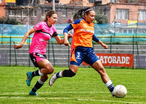 Two women competing intensely in a lively soccer game on a grassy field.