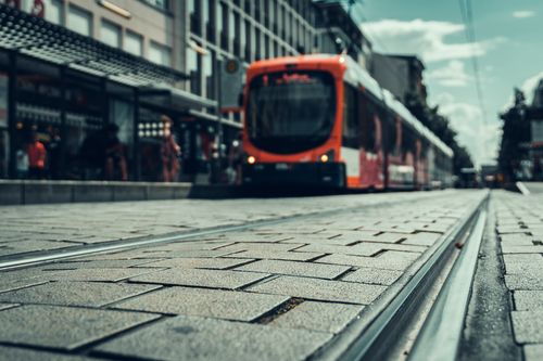 Free Dynamic street scene in Mannheim with tram and urban ambiance, captured from ground level. Stock Photo
