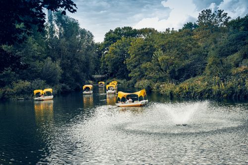 Free Pedal boats floating on a serene river surrounded by lush green trees in Mannheim. Stock Photo