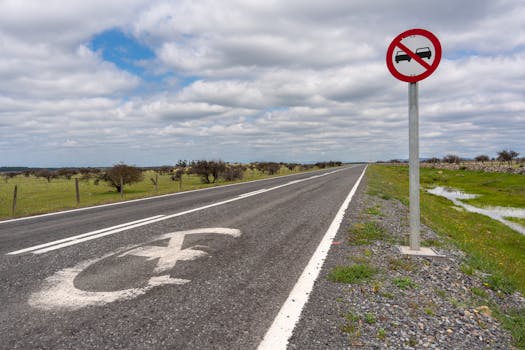 Deserted rural road with a no overtaking sign under cloudy skies and vast landscape.