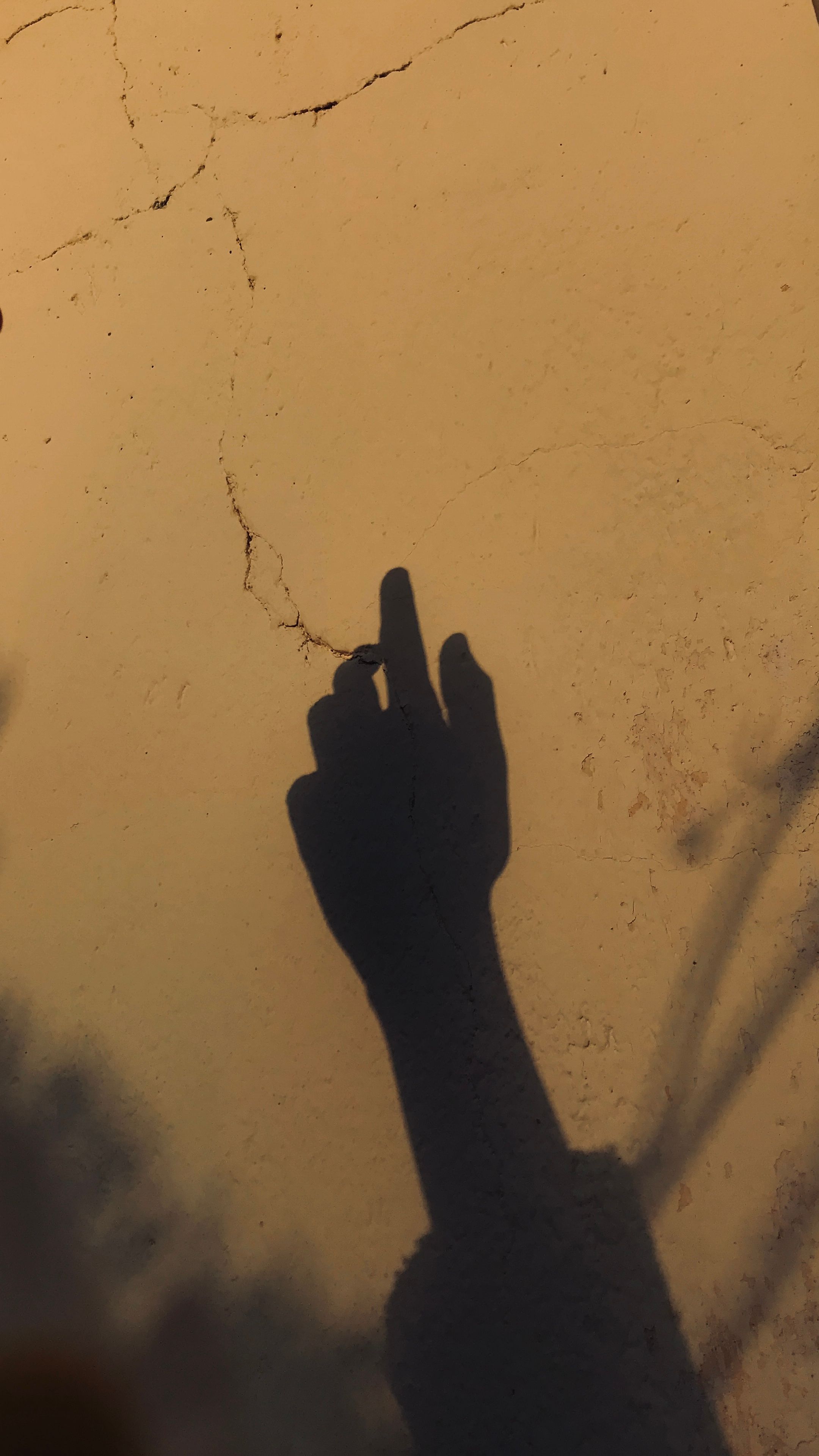 Shadow of a hand pointing on a cracked concrete wall in artistic composition.