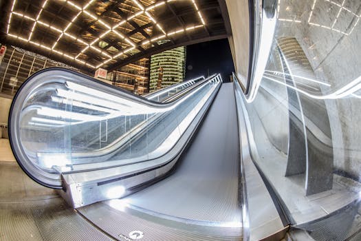 现代地铁站里，未来派的自动扶梯灯光明亮，映照着玻璃的反光