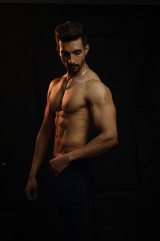 Shirtless muscular man posing in a dark studio with dramatic lighting.