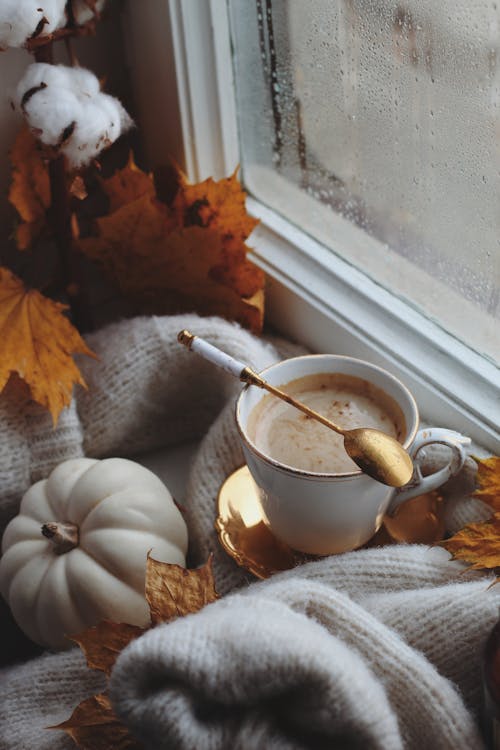Cup with Cappuccino in Cozy Fall Decor