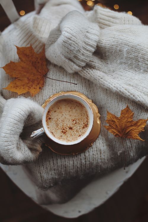 Free Comforting autumn scene with ceramic cup and knitted sweater, perfect for fall vibes. Stock Photo