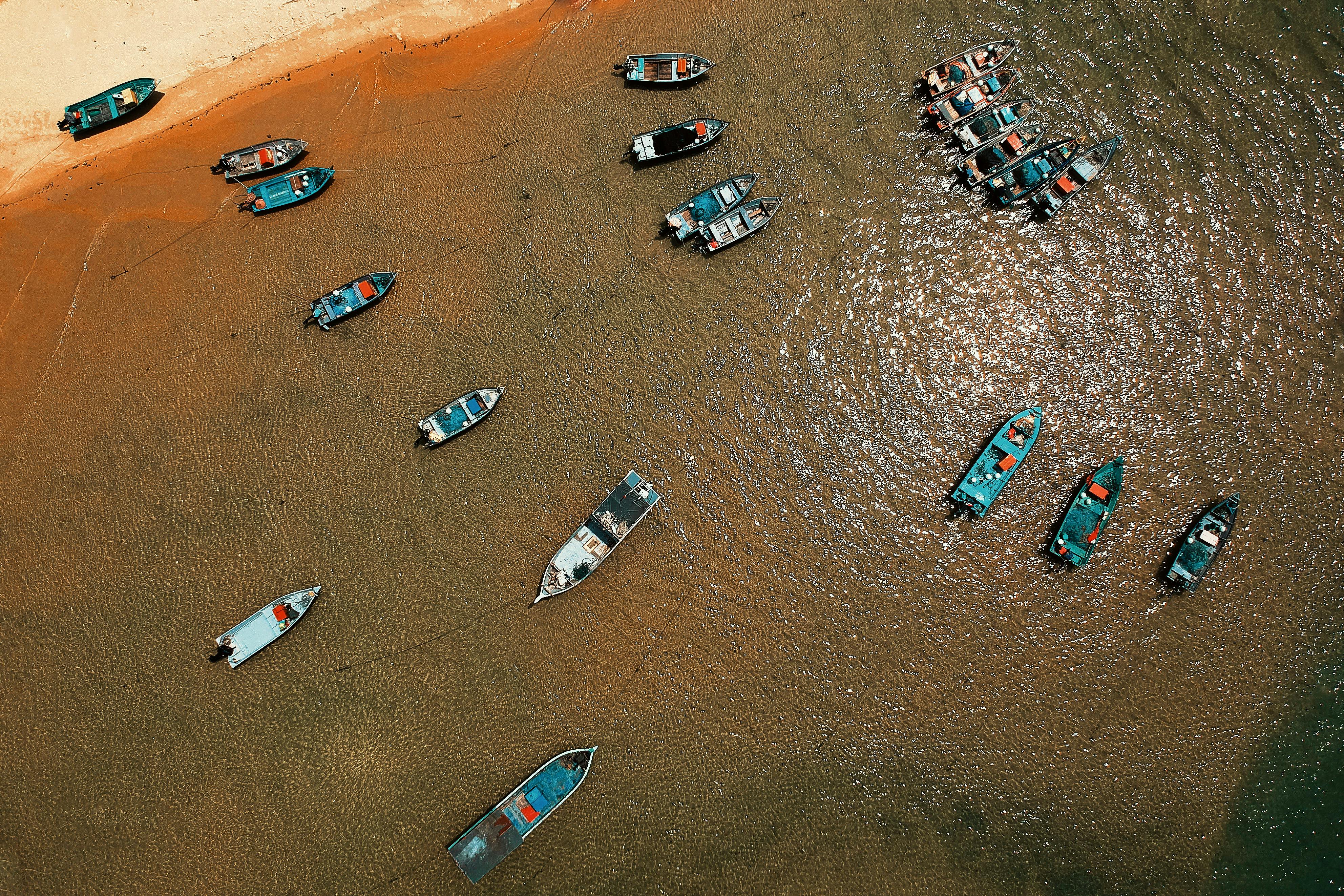 Aerial photograph showcasing boats moored on a sandy beach under daylight.