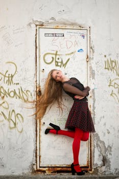 一名年轻女子身着红色丝袜，在涂鸦满布的墙前摆出时尚姿势