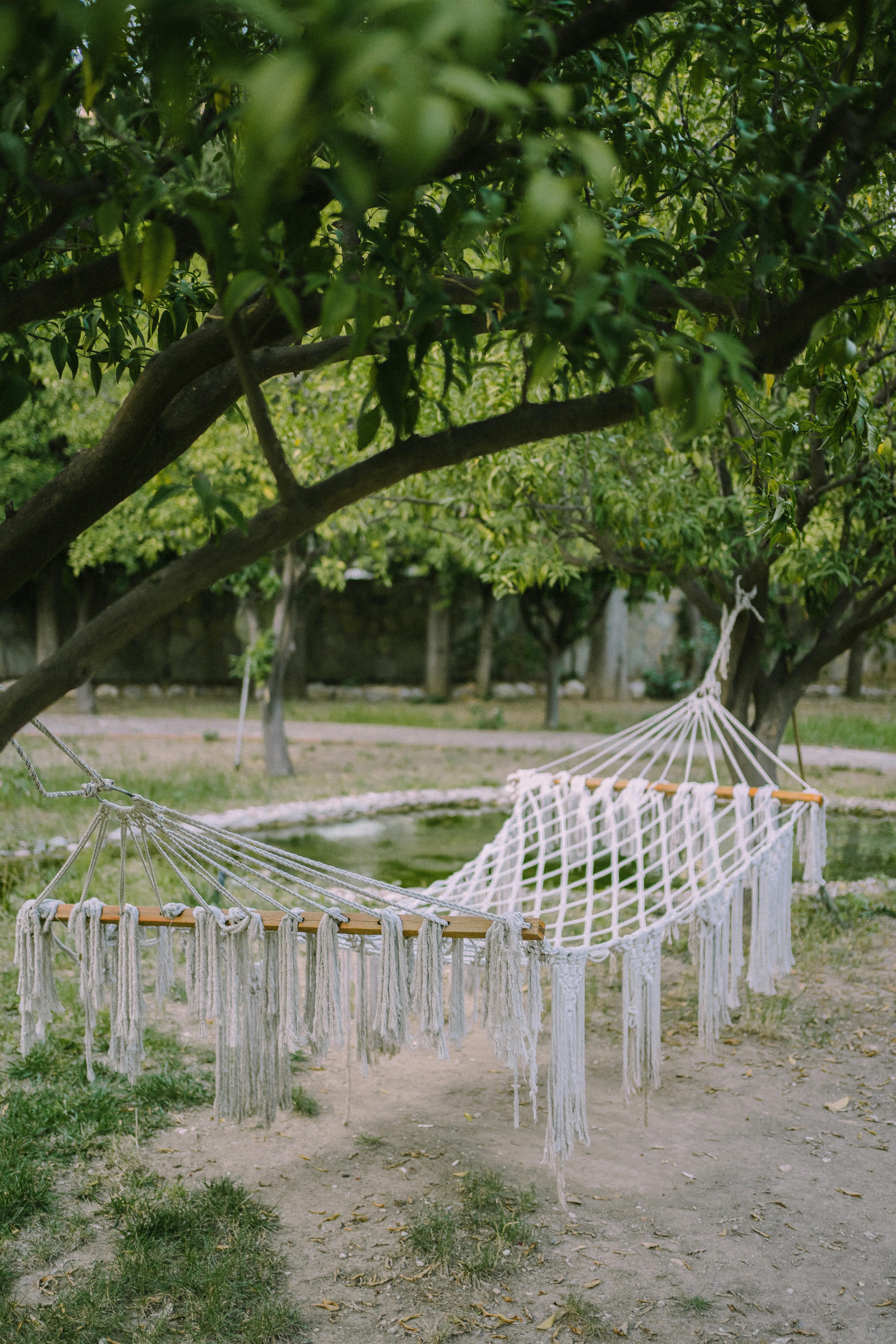 A peaceful hammock awaits among lush greenery, perfect for relaxation in a tranquil garden.