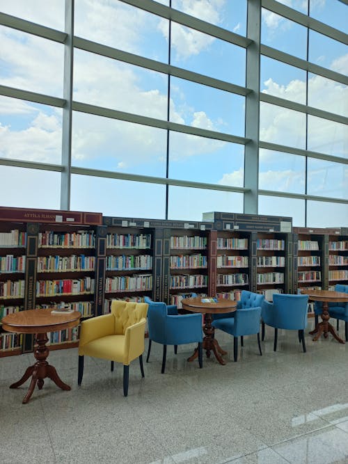 Tables and Chairs near Bookshelves in Glass Building