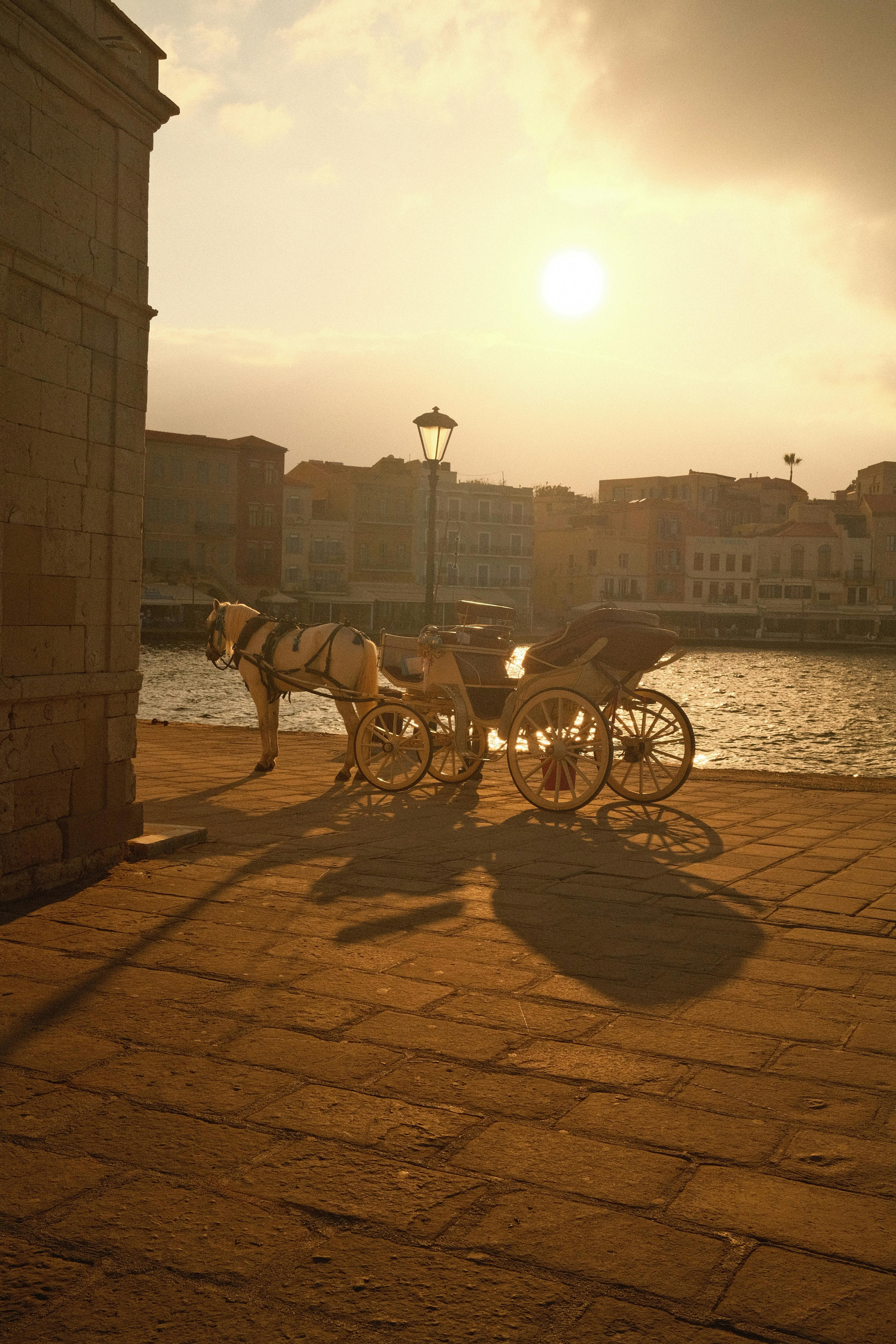 A serene scene of a horse-drawn carriage on a waterfront, captured at sunset with old buildings in the background.