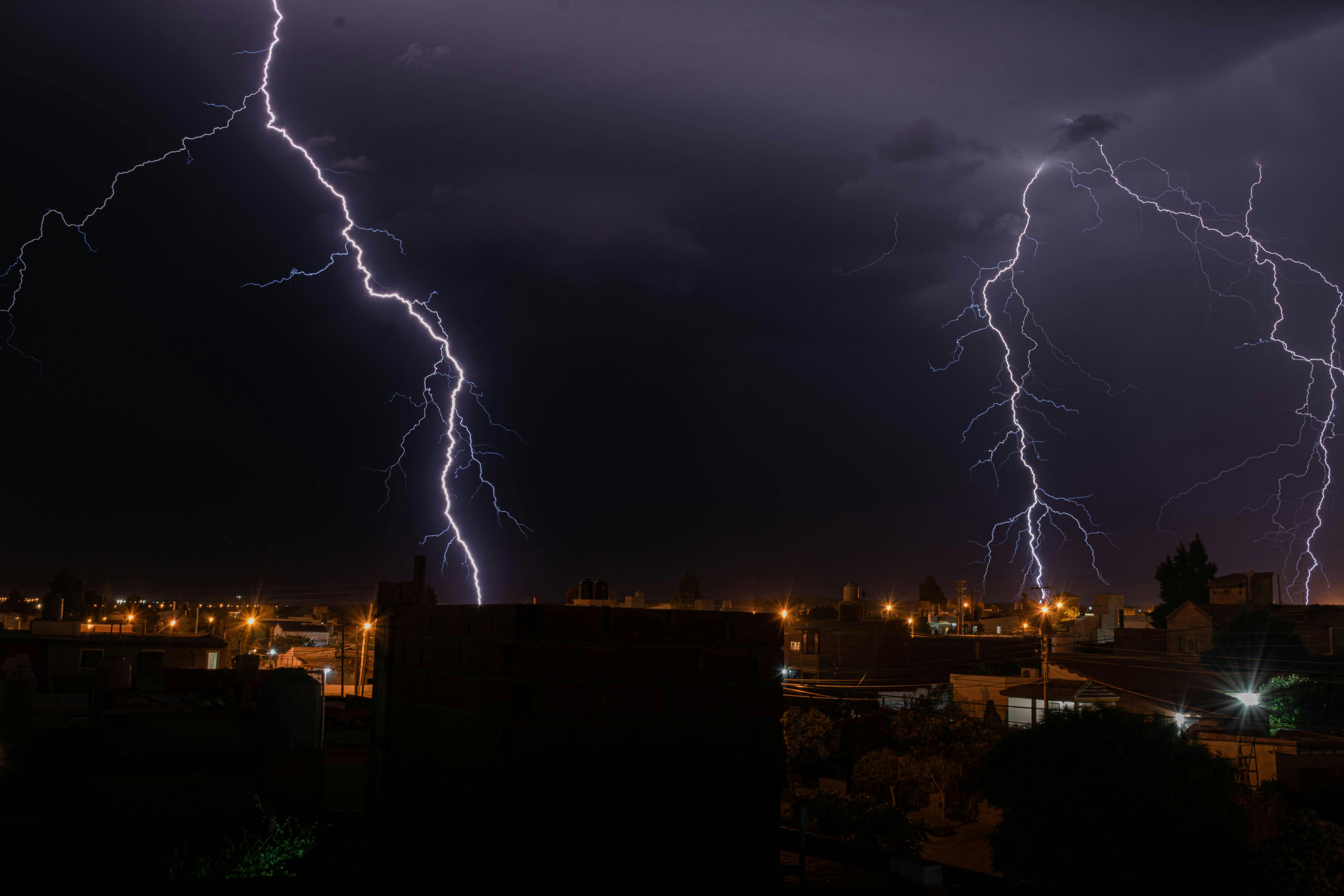 lightnings over town at night