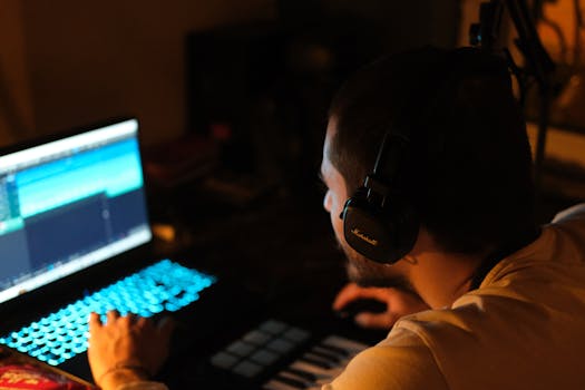 A man wearing headphones works on music editing software on a laptop in dim lighting.