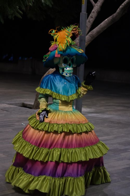 Free Colorful Dia de Muertos costume captured at night featuring vibrant dress and sugar skull makeup. Stock Photo