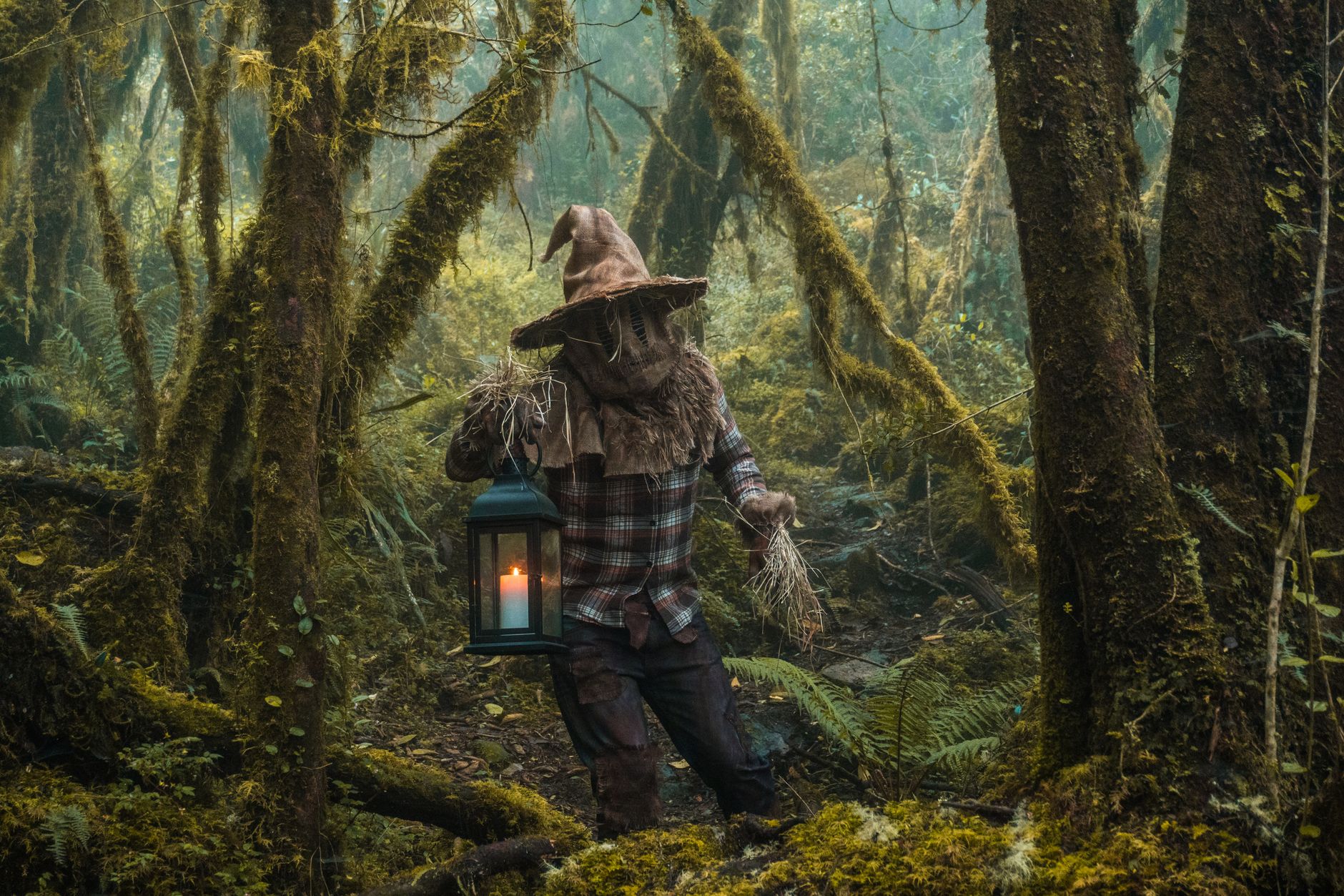 A person in a scarecrow costume holding a lantern in a mysterious forest setting.