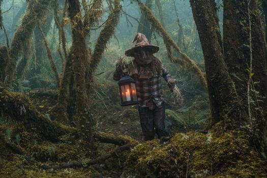 A person in a scarecrow costume holding a lantern among foggy trees in Choachí, Colombia.