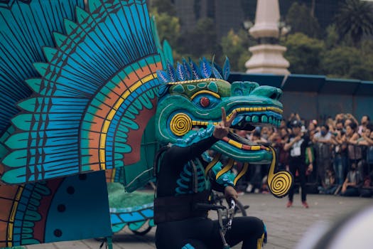 Street parade featuring a colorful dragon costume, celebrating cultural traditions outdoors.