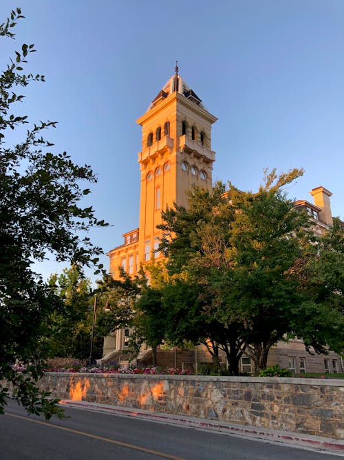 The USU Old Main Building at Sunset