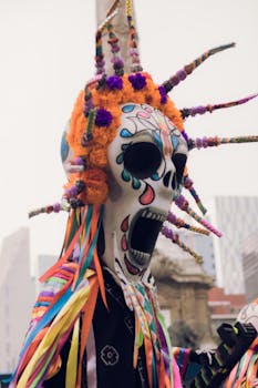 Vibrant skeleton costume adorned with flowers and ribbons at a city parade.