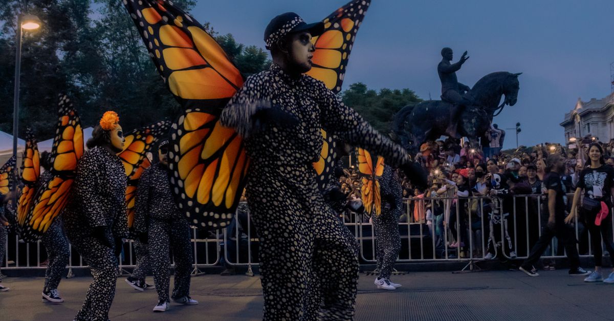 Photo by Fernando Paleta Colorful parade with performers in butterfly costumes entertaining a lively crowd.