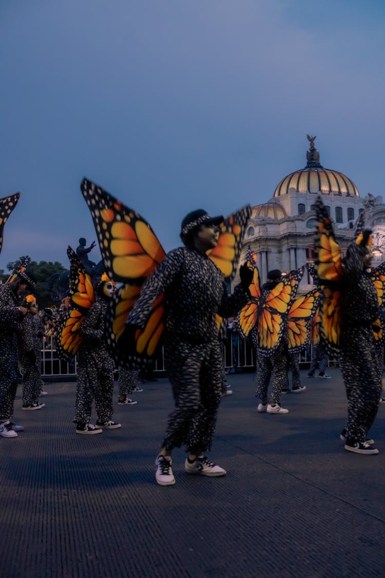 Artists In Butterfly Costumes On Street