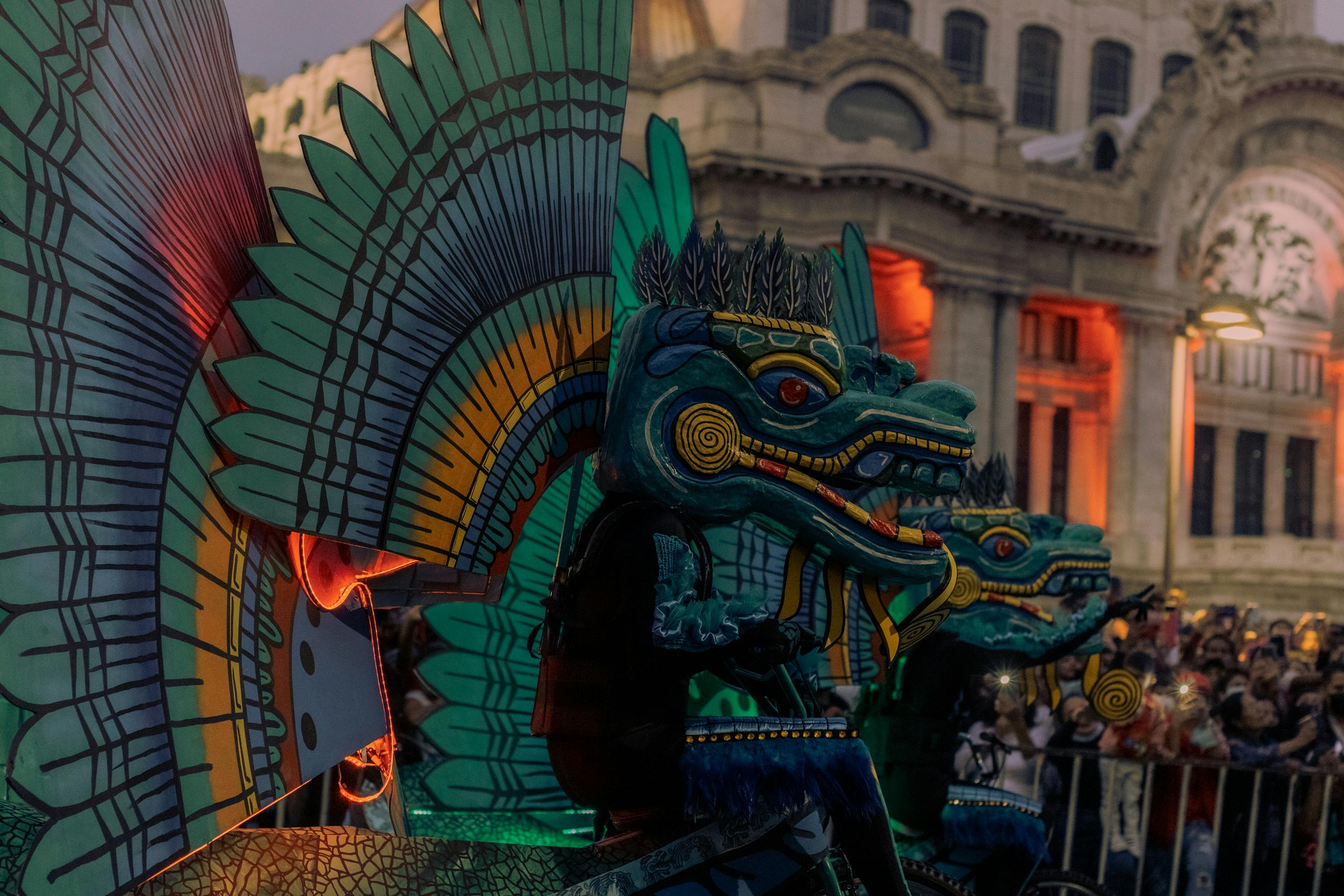 blue green and red dragon statue