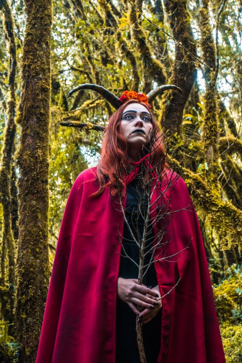 Free A captivating portrait of a mystical witch in a forest, wearing a red cape and horns. Stock Photo