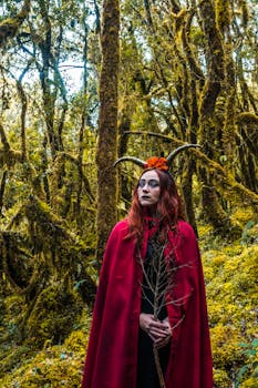 A mysterious woman in a red cape with horns stands in a dense, mystical forest.