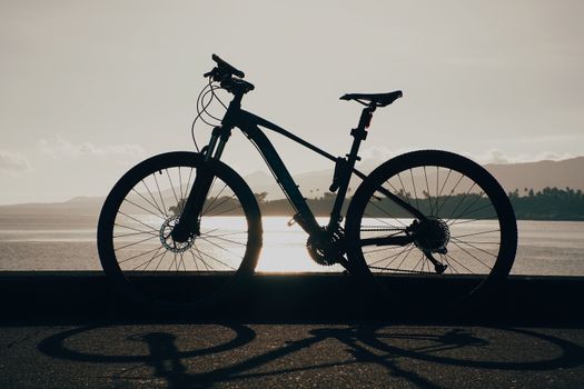 Silhouette of a bicycle against a tranquil lakeshore during sunset, highlighting serene travel moments.