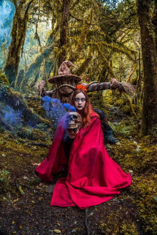 Free A mystical witch with a red cape surrounded by forest and a scarecrow. Stock Photo