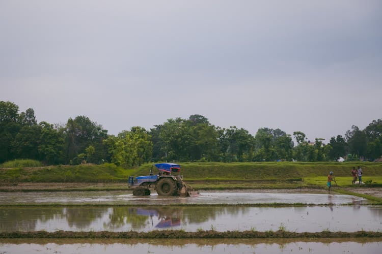 A Heavy Equipment Machine Tractor Plowing Soil On Paddy Field