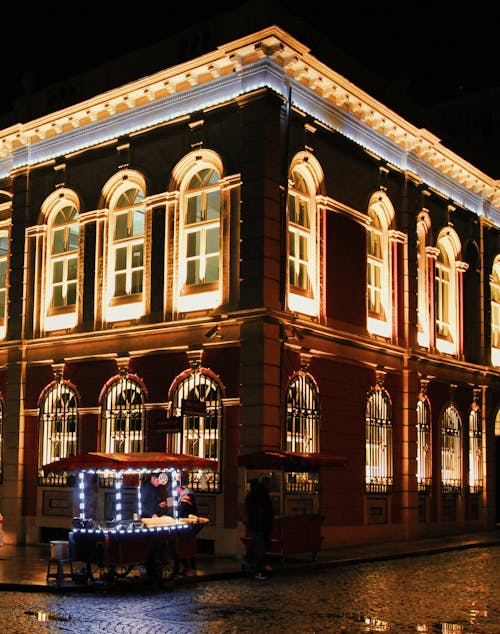 Facade of Illuminated Bank Museum in Istanbul, Turkey