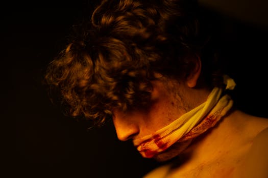 A dramatic portrait of a man with curly hair and gagged mouth under moody lighting, conveying strong emotions.