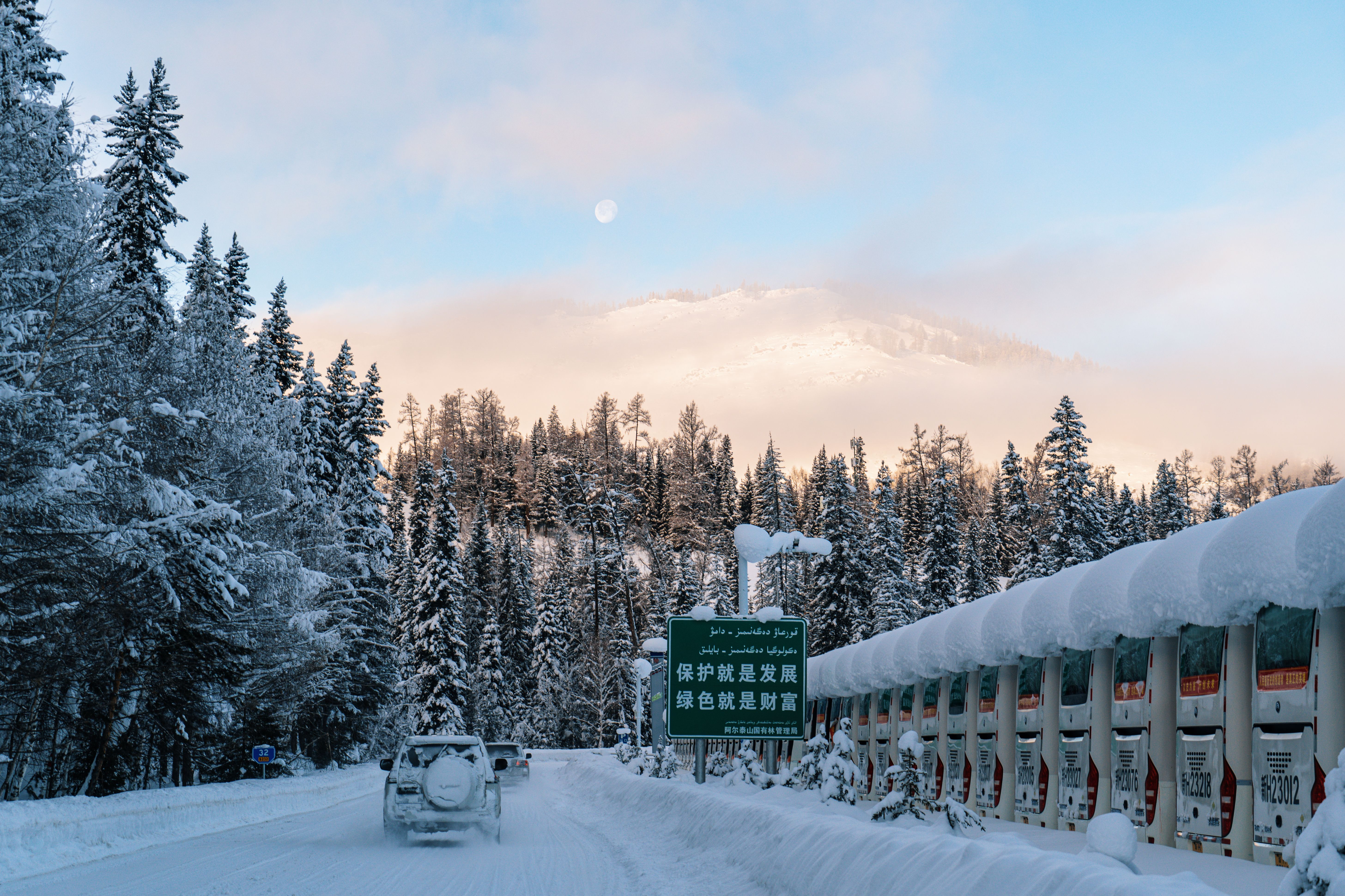 Snowy landscape featuring a forest road with vehicles in winter.