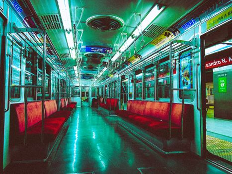 Vibrant interior of a Buenos Aires subway car at night, showcasing modern public transport.