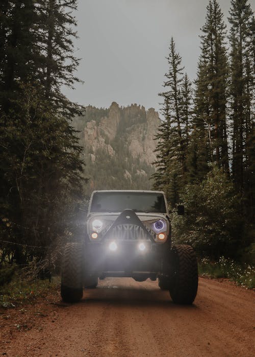 Free Jeep Wrangler Driving on an Unpaved Road in a Forest in Mountains  Stock Photo