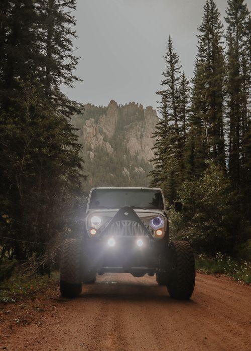 Free A rugged vehicle on a dirt road, surrounded by dense forest and mountain scenery, perfect for adventure themes. Stock Photo