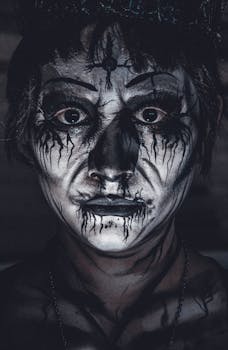 A haunting close-up portrait featuring intricate special effects makeup creating an eerie and scary atmosphere.