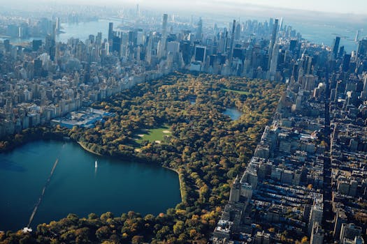 Stunning aerial shot of Central Park and the Manhattan skyline in New York City.