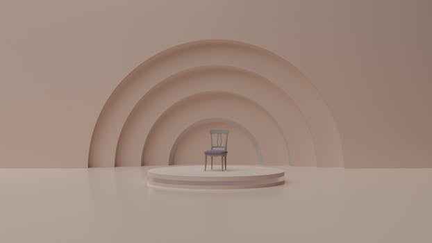 A solitary chair on a round platform in a minimalist, abstract room with arch designs.