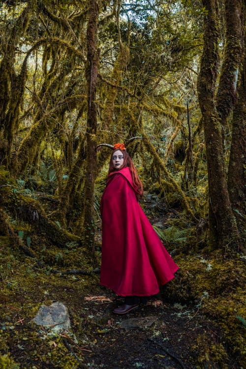 Woman Wearing Red Costume in a Forest 