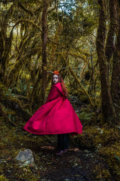 Free A woman in a red cape with horns poses in a mystical Colombian forest. Stock Photo